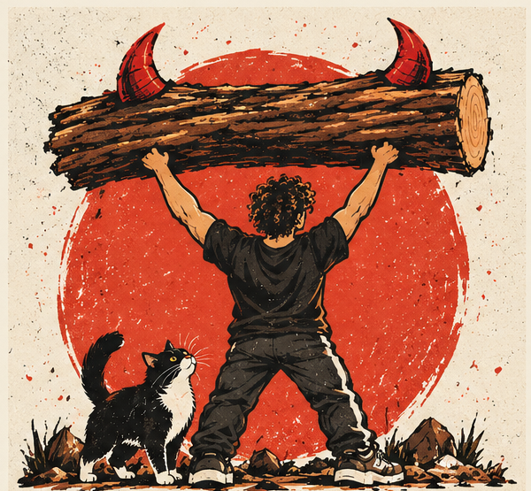 A person and cat lift a horned log against a red sun